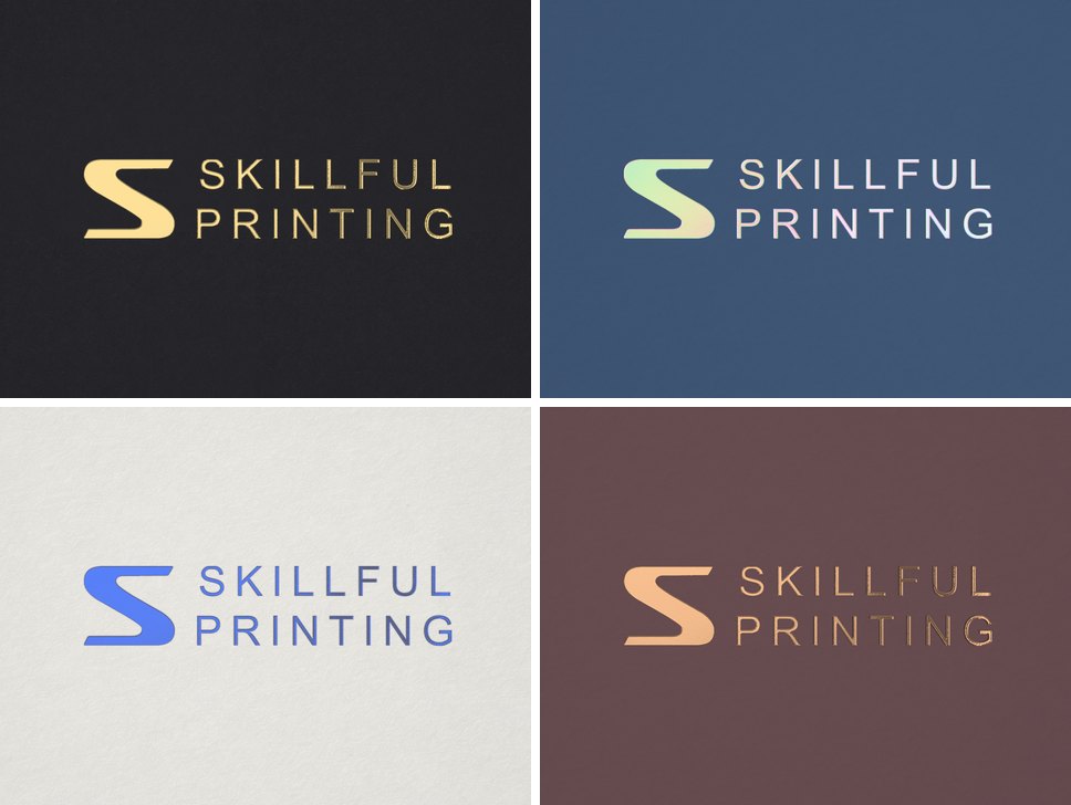 Our logo foil stamped four ways: gold on black, holographic on blue, blue metallic on white and rose gold on dusty rose board