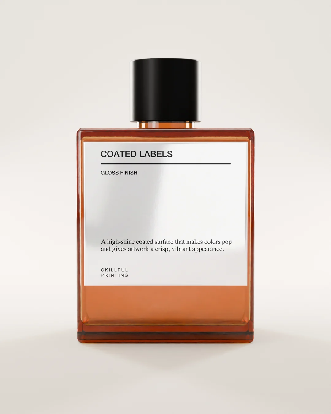 Coated gloss paper label on a square amber glass bottle